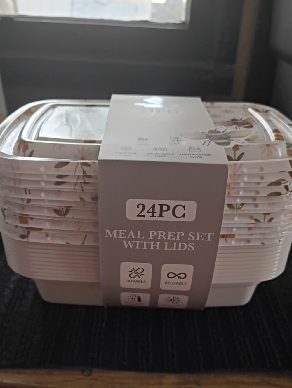 24PC Floral Meal Prep Set with Lids - White & Gold Accents